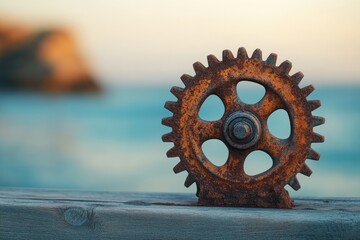 Rusty gear wheel rests on weathered wood against a blurred ocean backdrop at sunset.