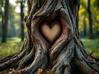 Heart carved in tree in sunlit forest