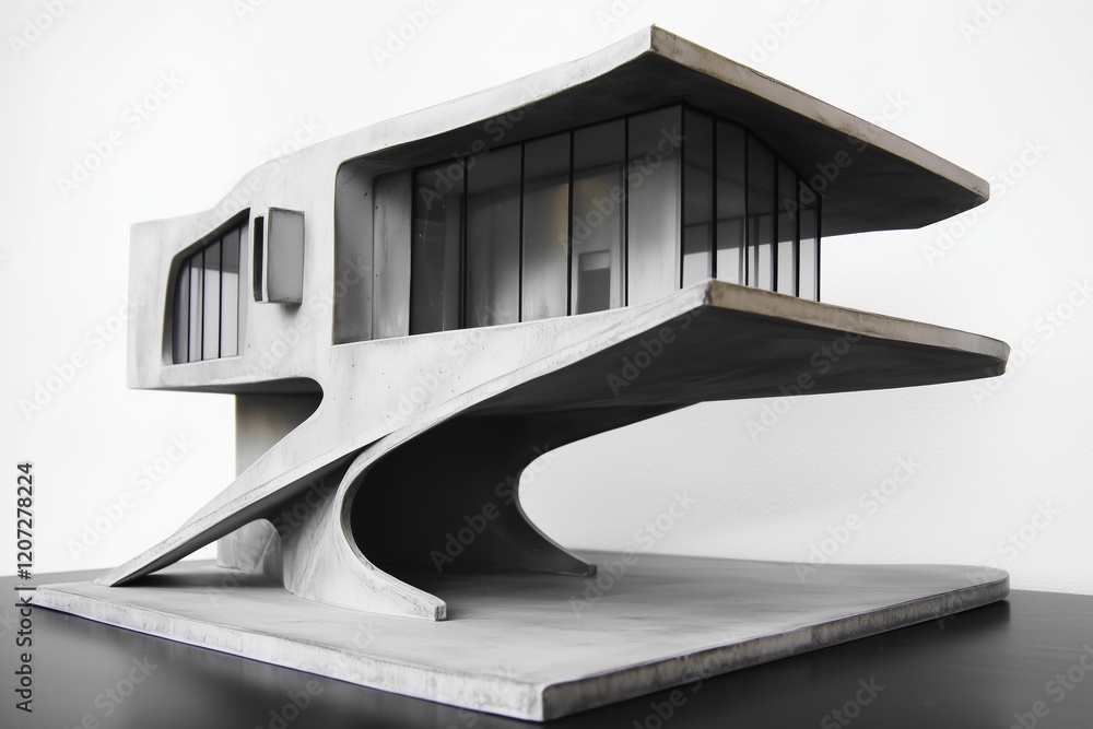 Poster a modern architectural model showcasing a unique design with curved forms and large glass windows. t
