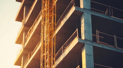 Fototapeta premium A tall a crane towers over a bustling construction site, silhouetted against a rising building, capturing the essence of urban development and innovation.