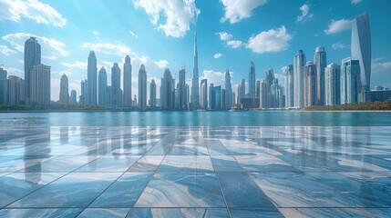 City skyline blending past and present showcasing historical landmarks alongside modern skyscrapers.