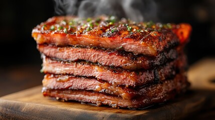 This mouthwatering image features beautifully grilled meat stacked high with crispy edges, showcasing the rich textures and flavors that appeal to food lovers and culinary enthusiasts.