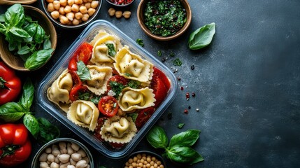 This image captures an artful display of tortellini pasta mixed with fresh ingredients, showcasing vibrant colors and textures perfect for food lovers.