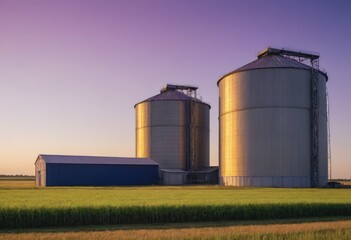 Obraz premium Purple and blue silos in a field with a purple sky behind
