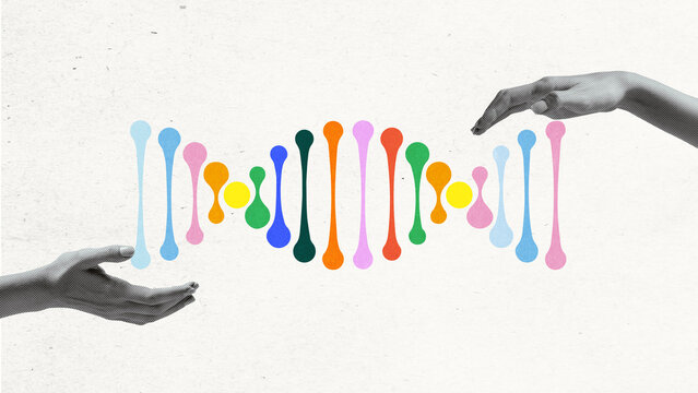 Abstract colorful DNA helix held by two hands, symbolizing genetics, biology, and advancements in medical research. Conceptual art design. Concept of medicine, treatment, health care, medical science