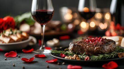 An elegant steak served with a rich red wine and adorned with rose petals, this setup exudes charm and sophistication, making it ideal for special dinners.