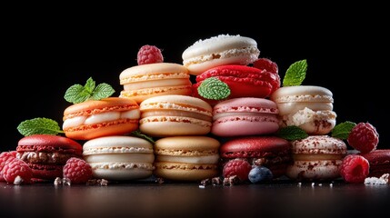 This stunning image features an artistic arrangement of colorful macarons, showcasing their textures and vibrant hues against a dramatic dark backdrop.