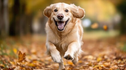 Joyful Golden Retriever Running Through Autumn Leaves