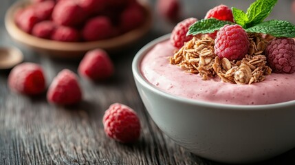 A delicious bowl of yogurt blended with raspberries and topped with crunchy granola, combining sweetness and texture for a delightful breakfast experience.