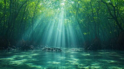 Obraz premium Sunbeams pierce tranquil mangrove forest, clear water.