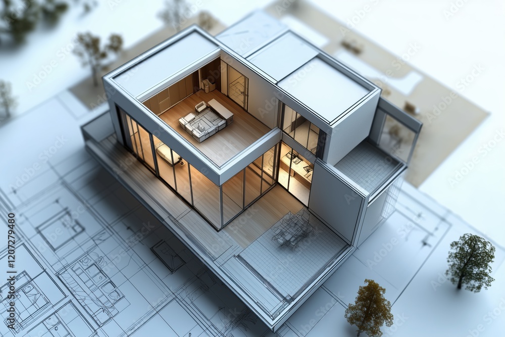 Poster a modern architectural model of a house, showcasing a minimalist design with large glass windows and