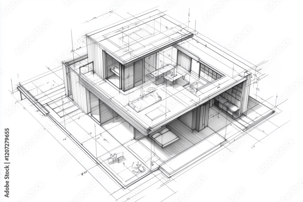 Poster a detailed architectural sketch of a modern house, showcasing a three-dimensional view with floor pl