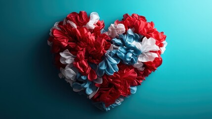 This beautiful image features a heart shape crafted from red, white, and blue flowers against a tranquil turquoise background, symbolizing love and patriotism.