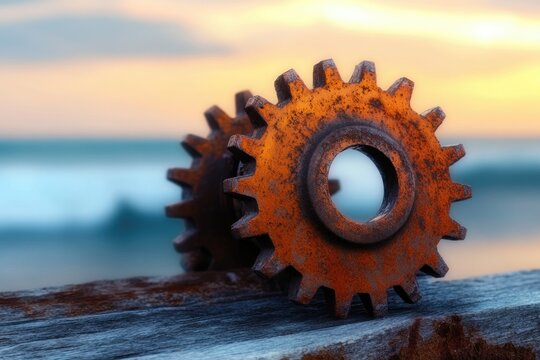 Rusty gears rest on weathered wood against a blurred sunset and ocean backdrop.