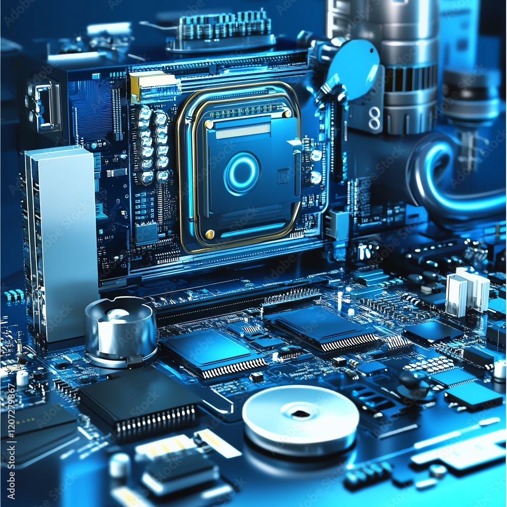 Poster advanced computer circuit board featuring central processing unit and various components in a modern