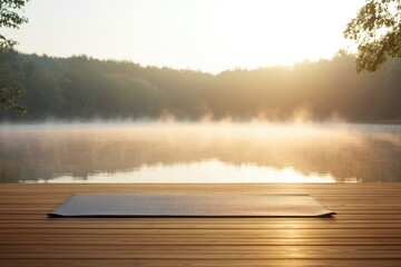 commercial photography for advertising campaign yoga mat rolled out on wooden deck overlooking peaceful lake at sunrise