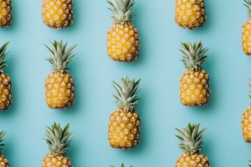 Fototapeta premium A minimal tropical fruit design featuring a repeating pattern of bright, colorful pineapples on a soft pastel blue background, exuding a fresh summer aesthetic