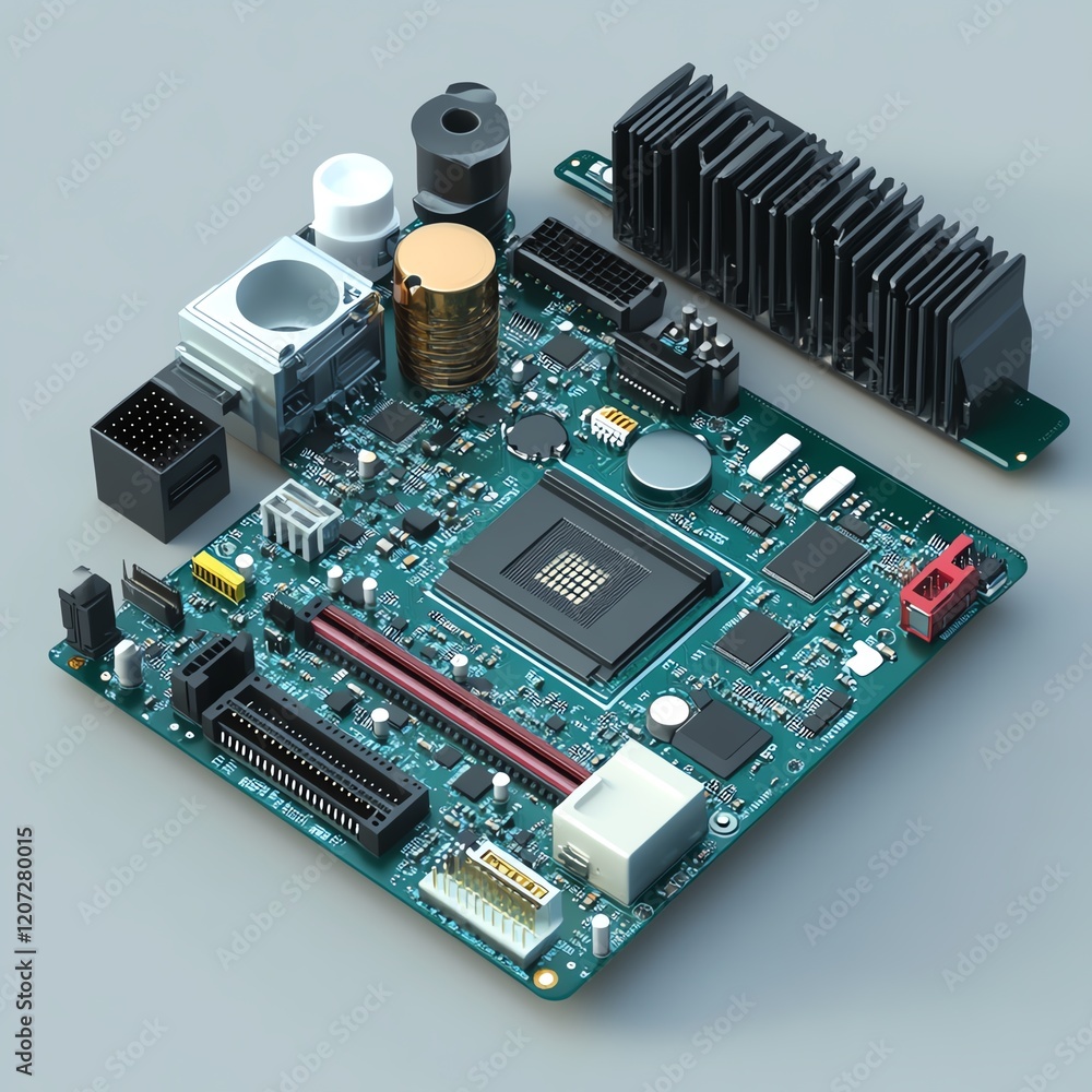 Poster detailed view of a modern circuit board showcasing various electronic components and connectors