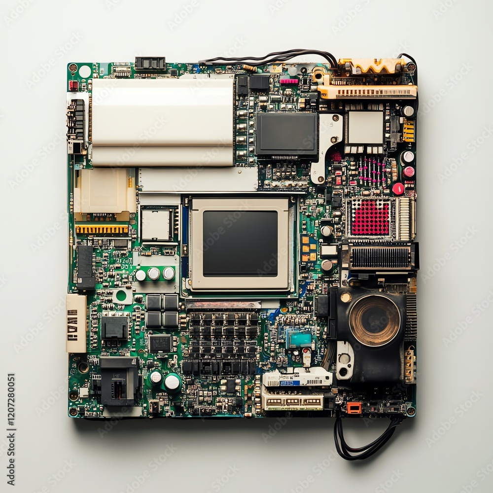 Poster detailed view of a complex circuit board showcasing various electronic components and connections