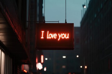 wide shot of cityscape at night with glowing message i love you displayed on building