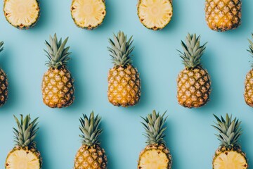 A minimal tropical fruit design featuring a repeating pattern of bright, colorful pineapples on a soft pastel blue background, exuding a fresh summer aesthetic