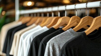 Obraz premium Neutral-Colored T-Shirts Hanging on Wooden Hangers in a Retail Store
