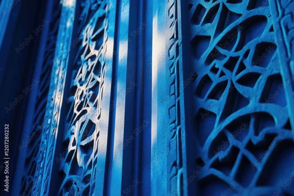 Poster intricate blue carved patterns on a textured surface, showcasing depth and shadow.
