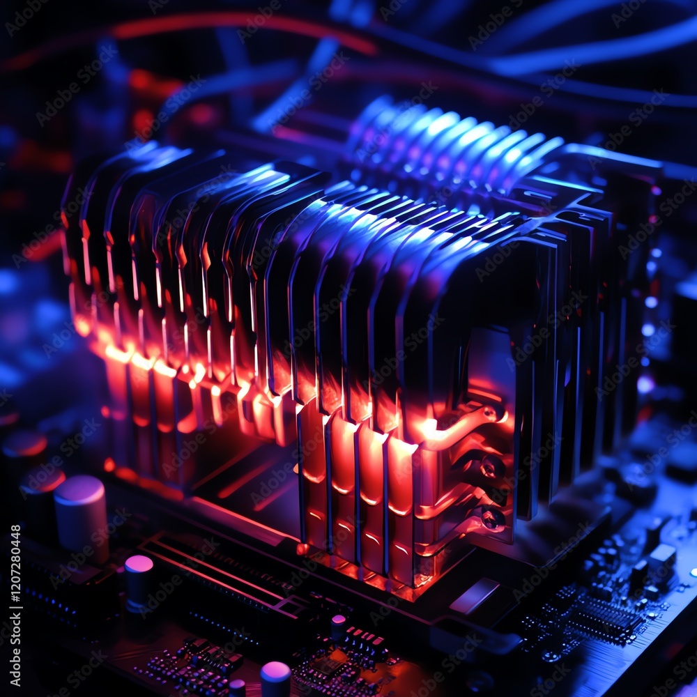 Poster complex cooling system illuminated by vibrant lights in a modern computer setup