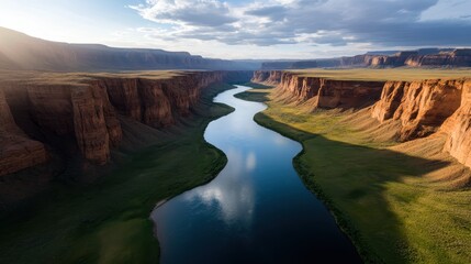 A breathtaking view of a river winding through towering red cliffs under a cloudy sky, showcasing nature's beauty and grandeur in stunning detail and vibrant colors.