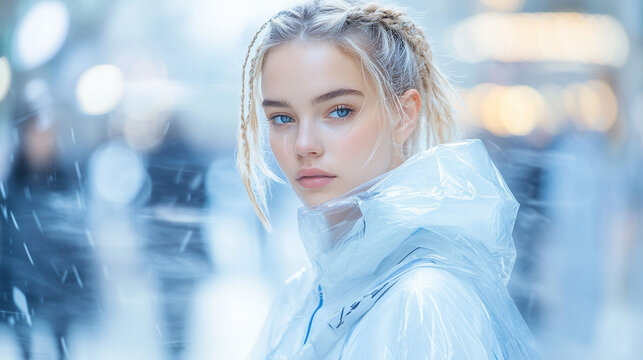 A female model portrait in a modern, futuristic city, generated with AI