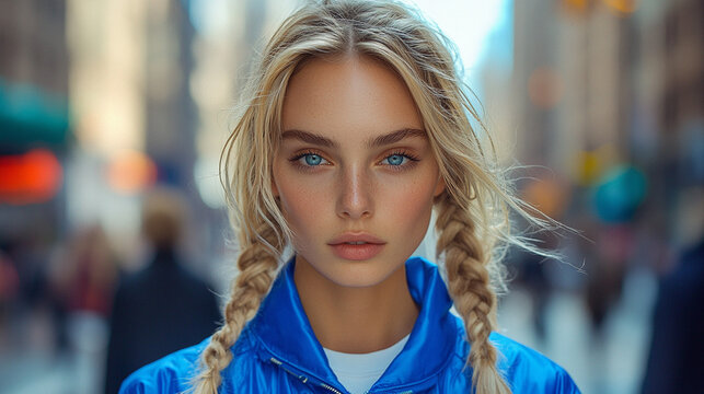 A female model portrait in a modern, futuristic city, generated with AI