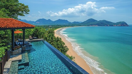 Fototapeta premium Infinity pool overlooking tropical beach and ocean.