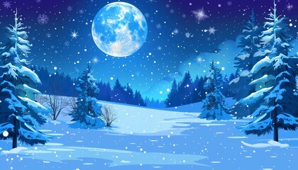 A snowy winter landscape with a full moon and a starry sky.