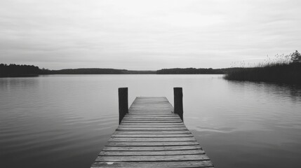 Naklejka premium Serene black and white photo of a wooden dock extending into a calm lake, under a cloudy sky.