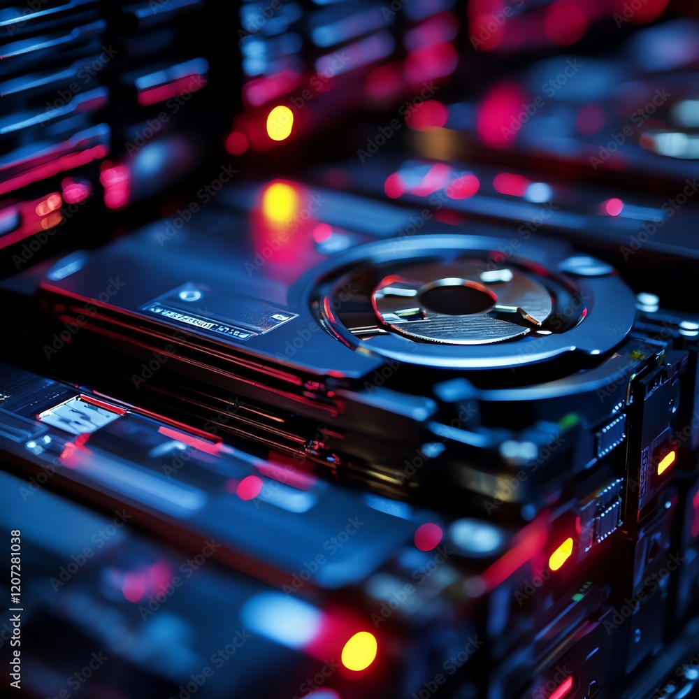 Poster modern data storage devices arranged in a high-tech environment illuminated by vibrant red and blue 