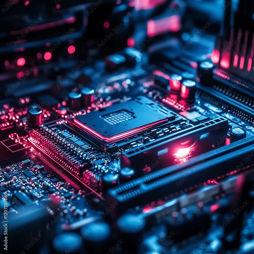 Poster close-up view of a modern computer motherboard with vibrant blue and red lighting effects in a tech 
