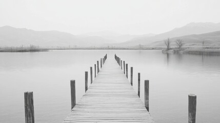 Naklejka premium Serene black and white photo of a wooden pier extending into a calm lake, mountains in the background.
