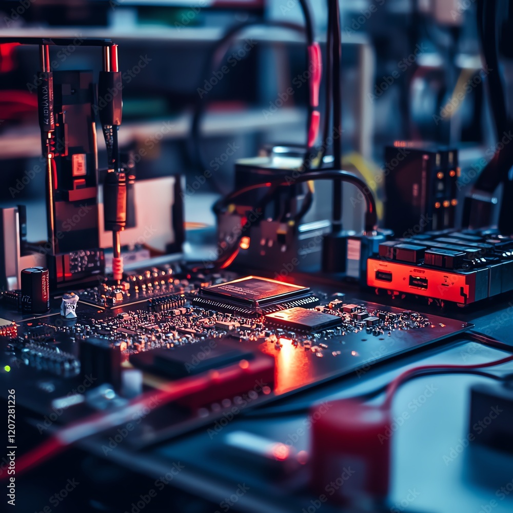 Poster circuit board with components and wires illuminated in a workshop at night