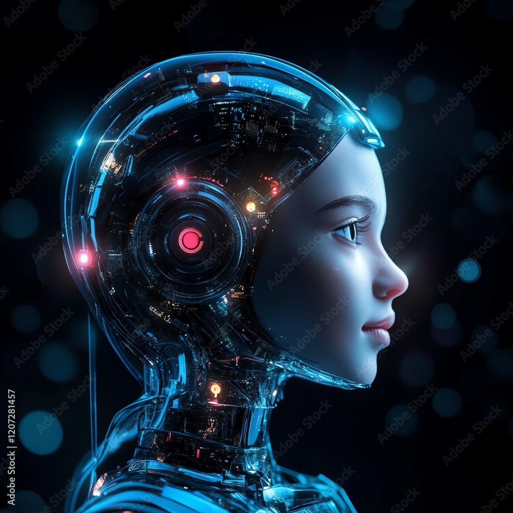 Poster advanced humanoid robot profile showcasing futuristic technology and intricate design with vibrant l