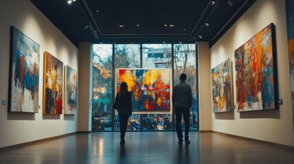Couple admiring vibrant abstract paintings in modern art gallery