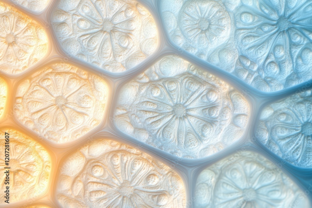 Poster abstract image of interconnected, organic, cellular structures with a soft, pastel color palette.