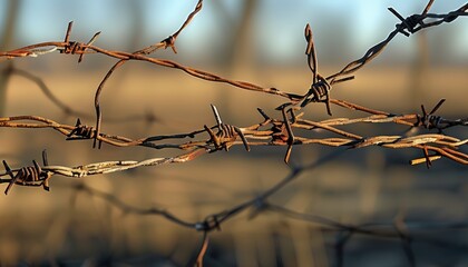 Close view of rusted tangled barbed wire with copy space