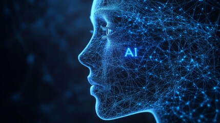 Polygonal human face with AI digital elements. Ideal for robotics, AI-powered tools, and tech industry websites.