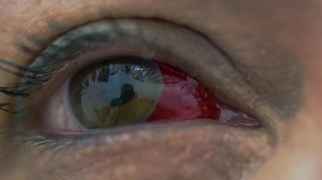Detailed view of a human eye with a visible red spot caused by a subconjunctival hemorrhage. Medical condition, eye health concept
