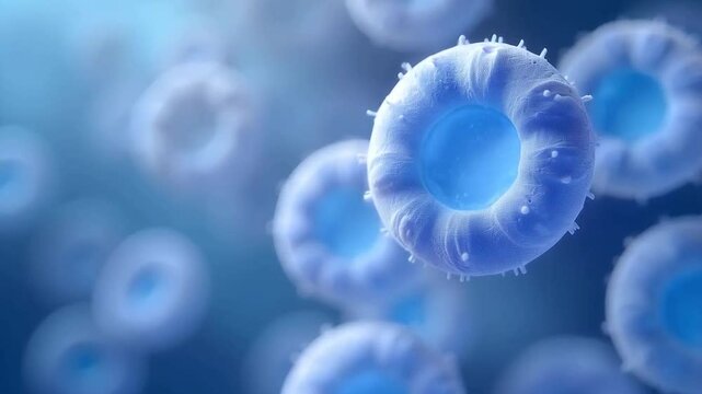 White blood cells, specifically lymphocytes, with a large nucleus and thin cytoplasm, stained in blue, showcasing their unique shapes and sizes