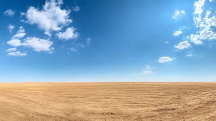 Expansive Desert Landscape Under a Clear Blue Sky Featuring Sparse Clouds and a Barren Horizon, Highlighting the Vastness and Serenity of Nature's Untouched Beauty