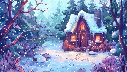 Obraz premium A cozy cabin nestled in a snowy forest, with a warm glow emanating from the windows.
