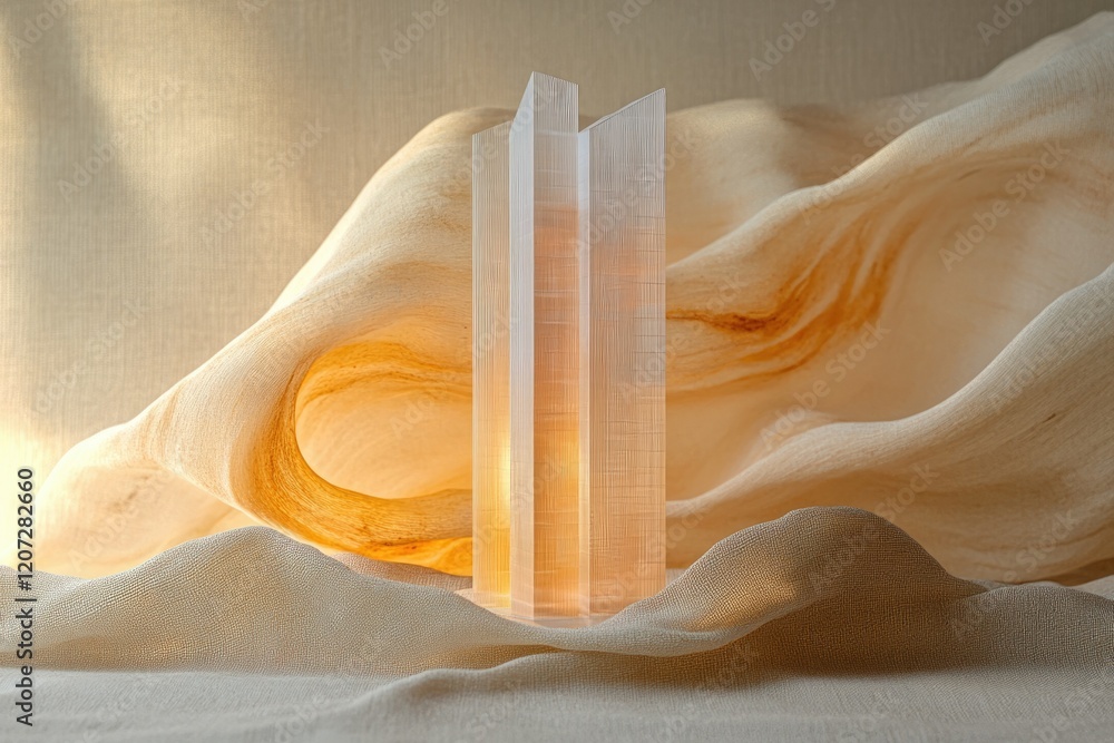 Poster a translucent architectural model of a skyscraper sits on beige fabric, backlit, creating a dramatic