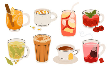 Set of herbal tea various elements and ingredients with teacups, mugs, leaves, flowers, fruits and berries isolated. Tea time, tea ceremony, party. Icon, simbol, object for label, packaging, menu