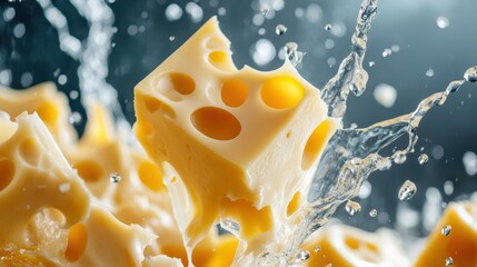 An artistic representation of a cheese cube splashing into water, creating an enticing visual with...